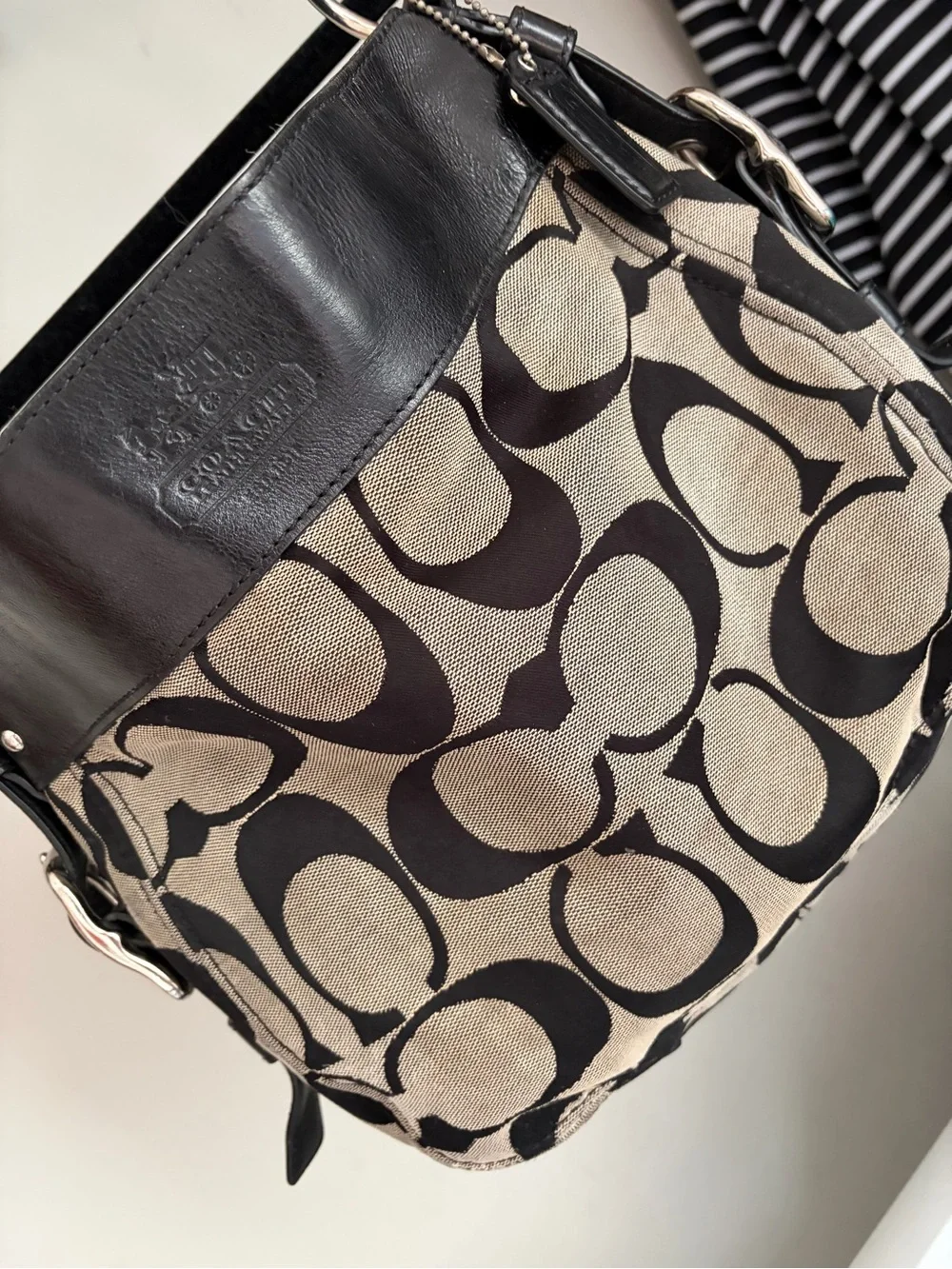 Coach Large Signature Canvas & Black Leather Hobo